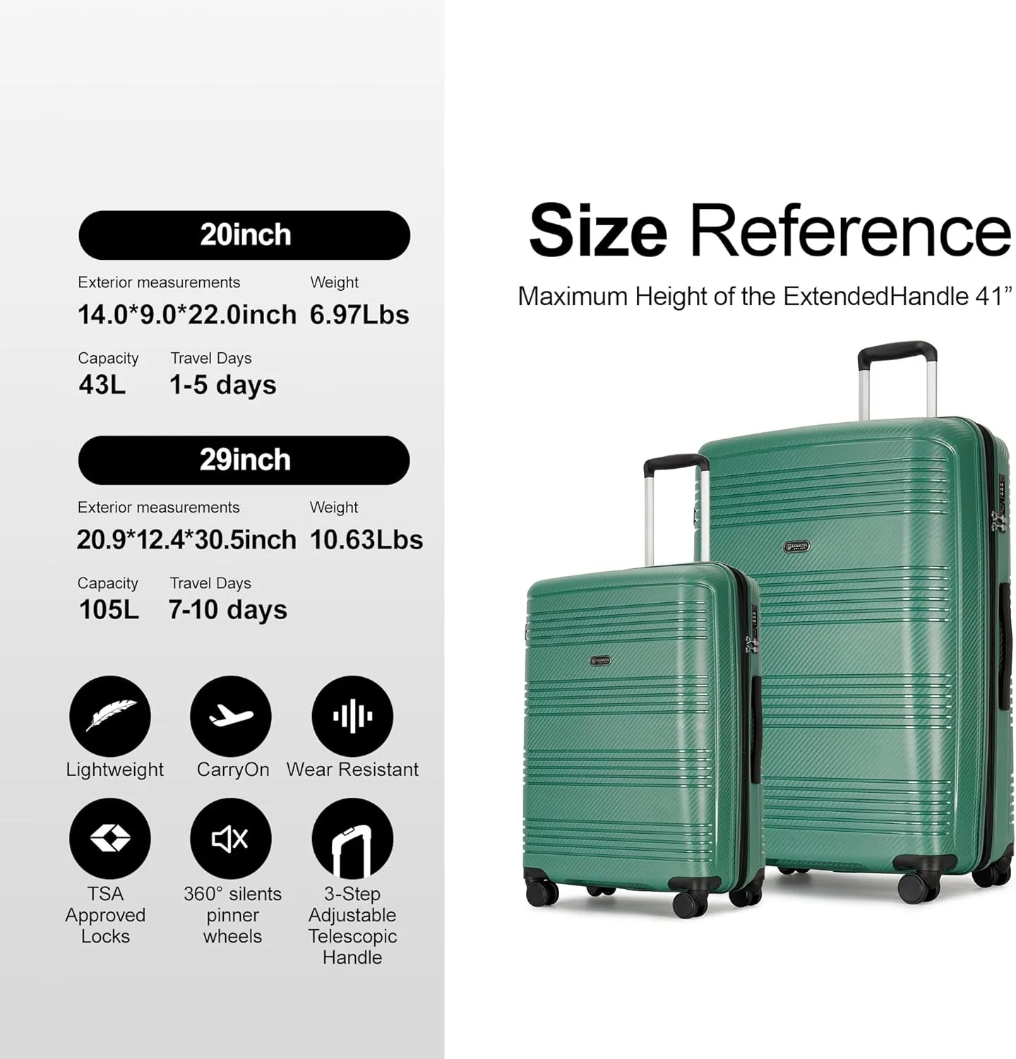 2 Piece PP Hardside Luggage Sets Large Expandable Suitcase with Spinner Wheels Tsa Lock, 20in 29in, Green