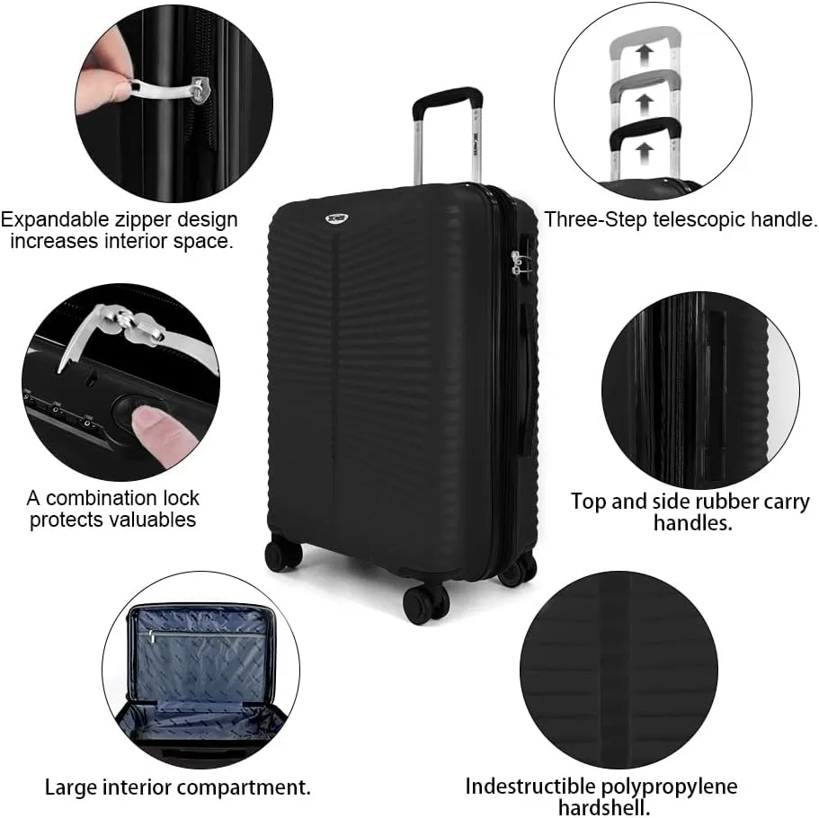 3Pcs Black Luggage Sets,Lightweight Durable Suitcase Sets w/TSA Lock & Double Spinner Wheels(20in/24in/28in)