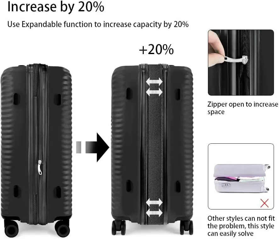 3Pcs Black Luggage Sets,Lightweight Durable Suitcase Sets w/TSA Lock & Double Spinner Wheels(20in/24in/28in)
