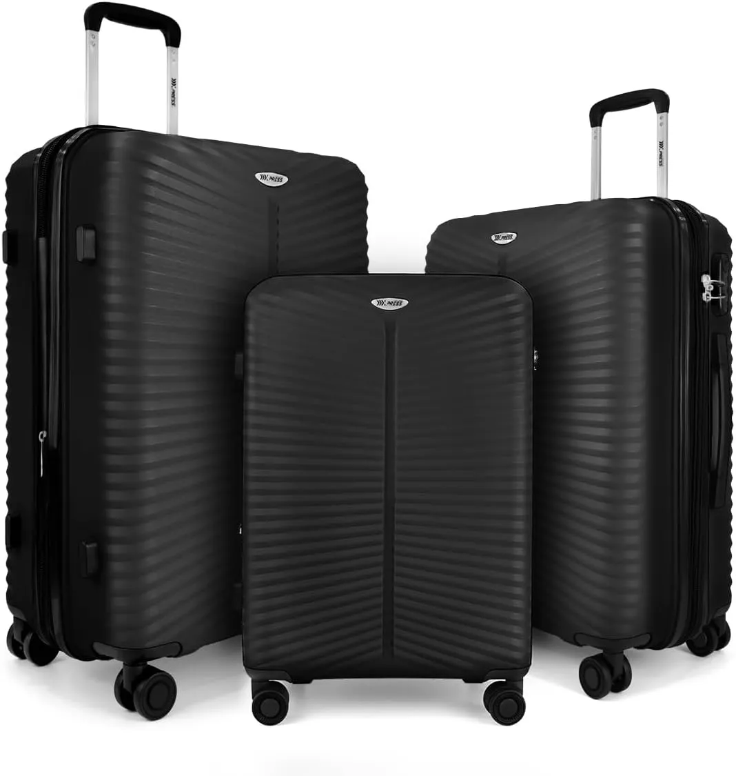 3Pcs Black Luggage Sets,Lightweight Durable Suitcase Sets w/TSA Lock & Double Spinner Wheels(20in/24in/28in)