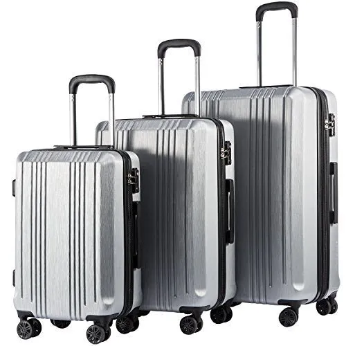 Coolife Luggage PC ABS 3 Piece Set with TSA Lock - New Silver