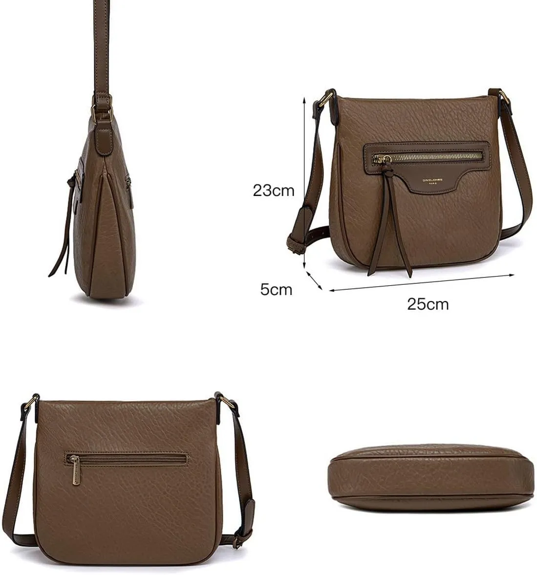 David Jones - Women's Shoulder Bag Zipper Handbag Shoulder Bag Faux Leather Multiple Pockets Elegant Practical Classic, Brown / Taupe, Elegant