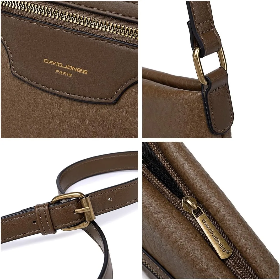 David Jones - Women's Shoulder Bag Zipper Handbag Shoulder Bag Faux Leather Multiple Pockets Elegant Practical Classic, Brown / Taupe, Elegant