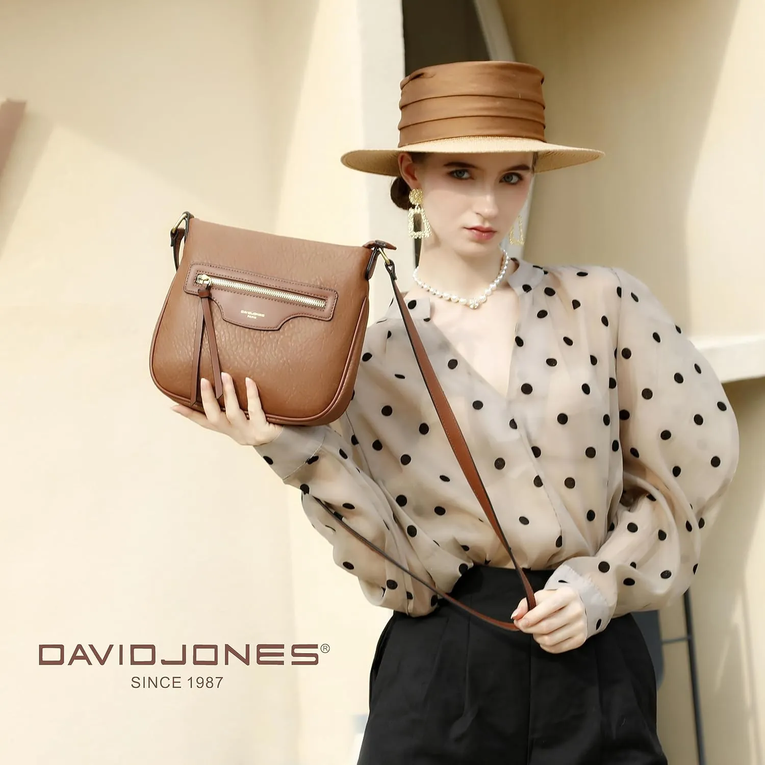 David Jones - Women's Shoulder Bag Zipper Handbag Shoulder Bag Faux Leather Multiple Pockets Elegant Practical Classic, Brown / Taupe, Elegant