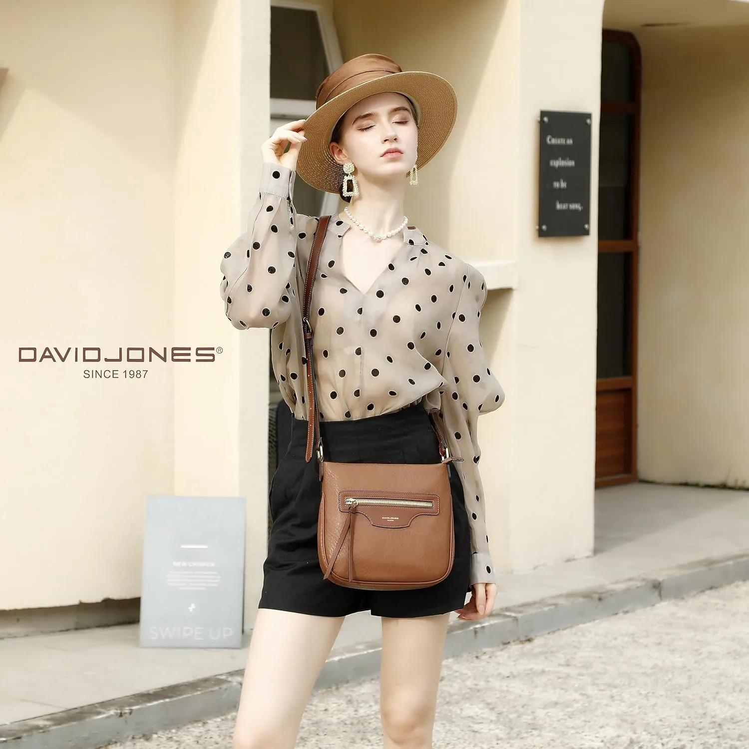 David Jones - Women's Shoulder Bag Zipper Handbag Shoulder Bag Faux Leather Multiple Pockets Elegant Practical Classic, Brown / Taupe, Elegant