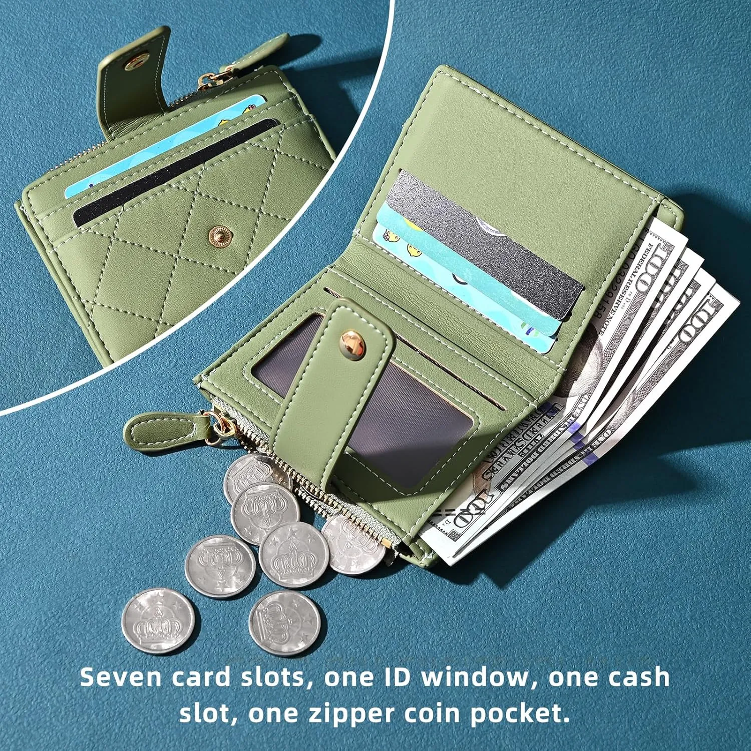 Denovin Wallet Women, Small Cute Card Wallets for Woman, Bifold Credit Business Card Coin Holder with Zipper Purse Pocket for Cash, Key, Change, ID Card, Green