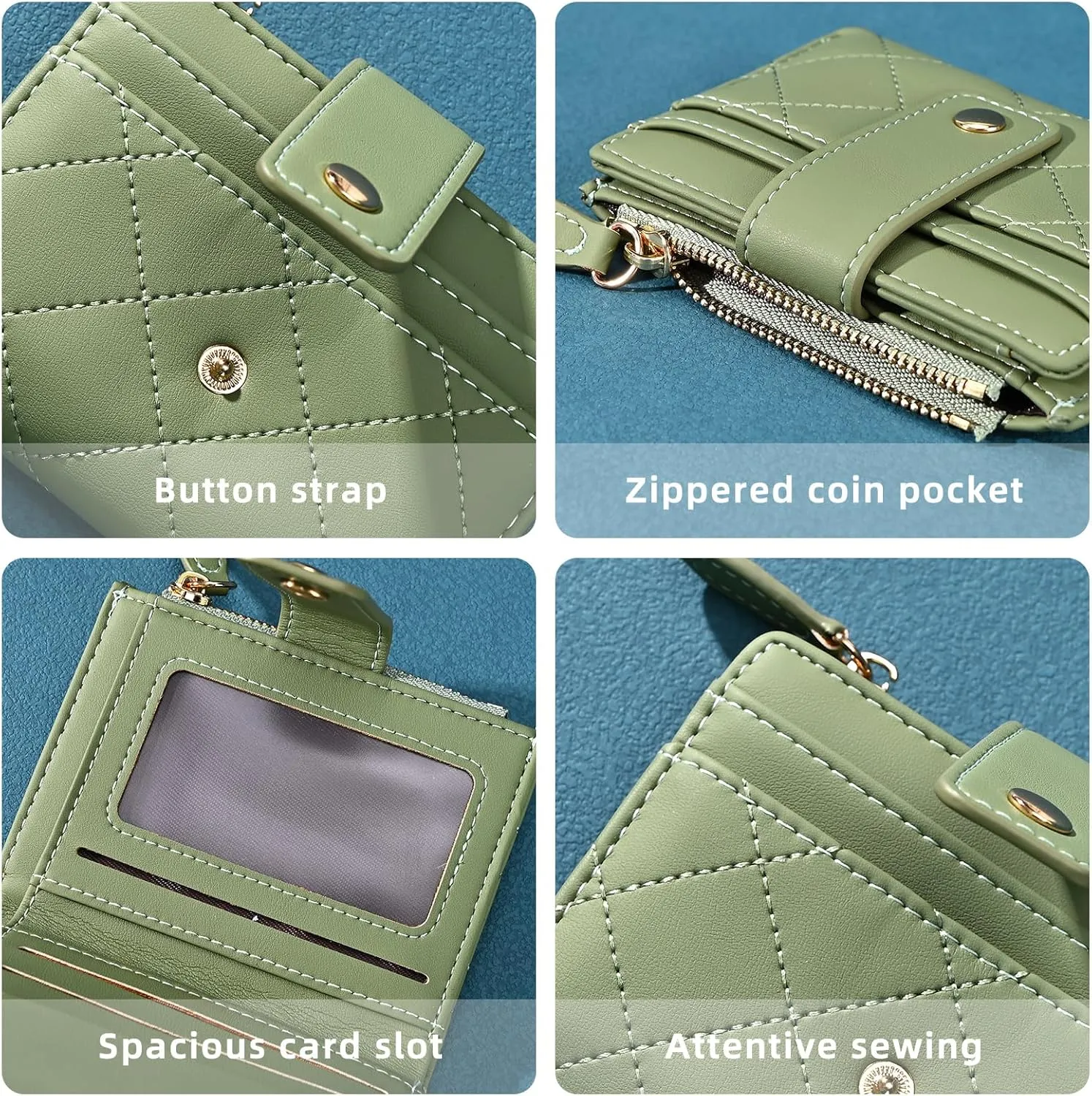 Denovin Wallet Women, Small Cute Card Wallets for Woman, Bifold Credit Business Card Coin Holder with Zipper Purse Pocket for Cash, Key, Change, ID Card, Green