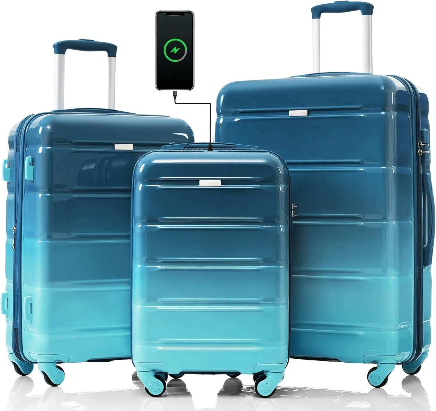 Durable 3-Piece Luggage Set with USB Port, Spinner Wheels, and ABS PC Hard Shell(Blue)