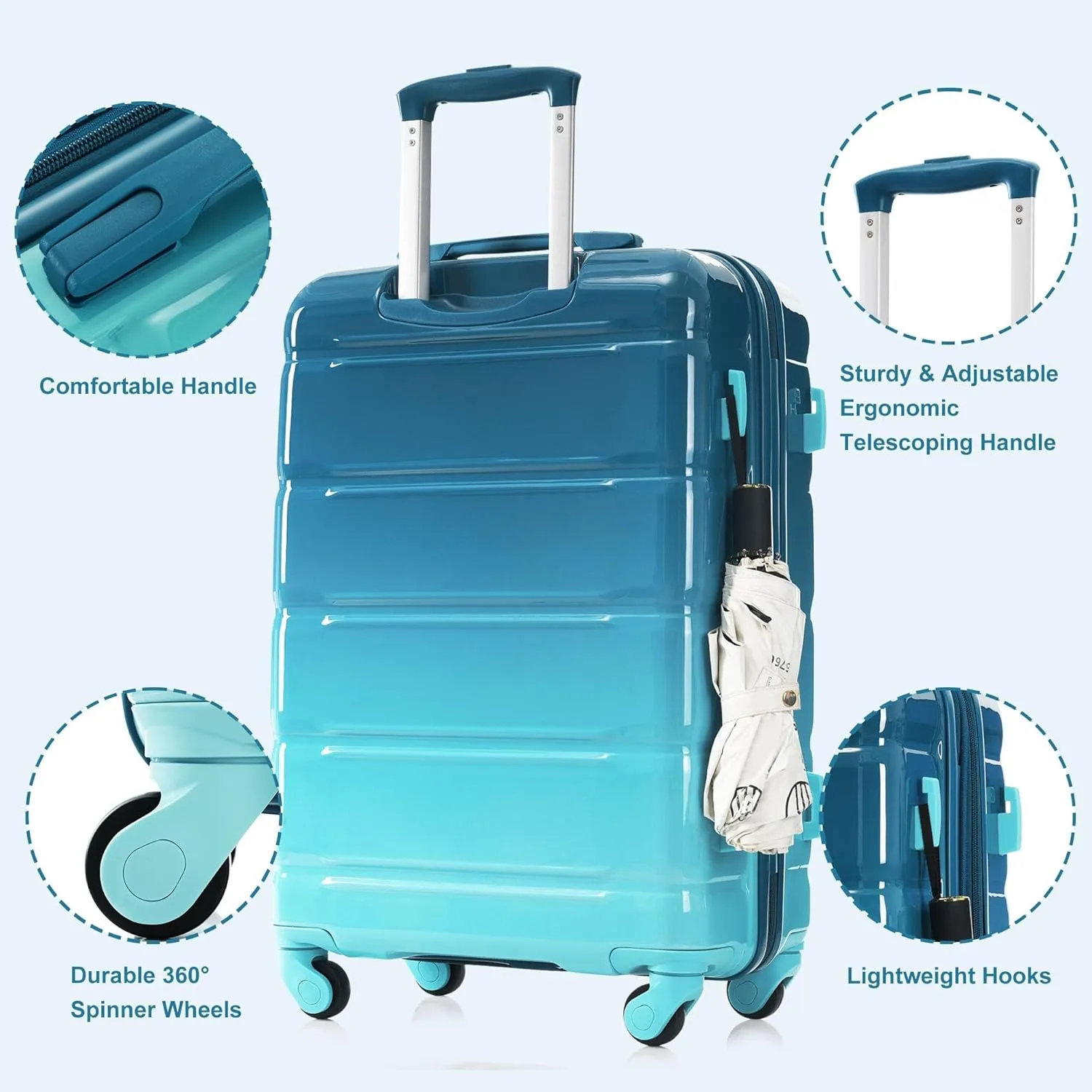 Durable 3-Piece Luggage Set with USB Port, Spinner Wheels, and ABS PC Hard Shell(Blue)