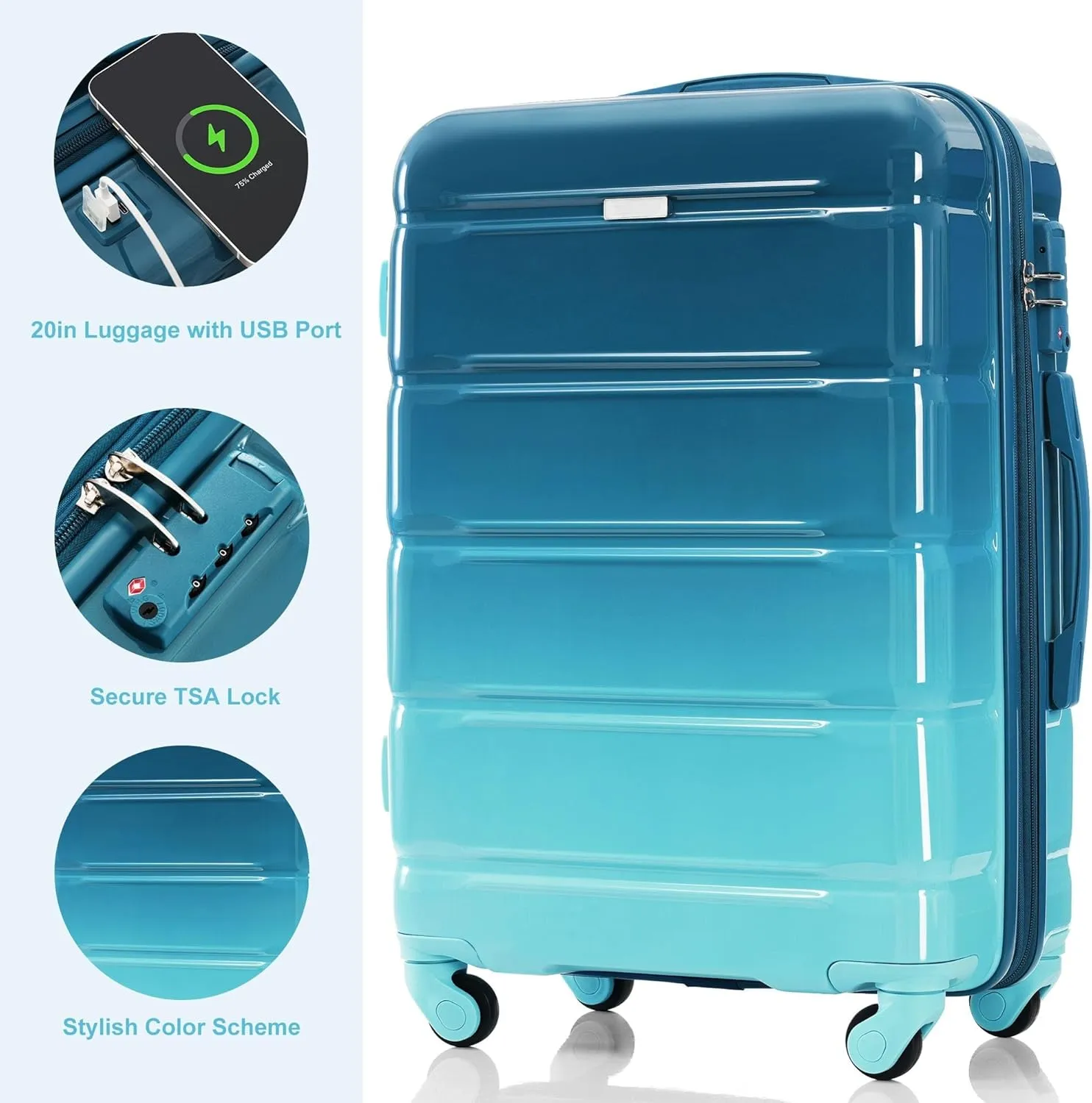 Durable 3-Piece Luggage Set with USB Port, Spinner Wheels, and ABS PC Hard Shell(Blue)