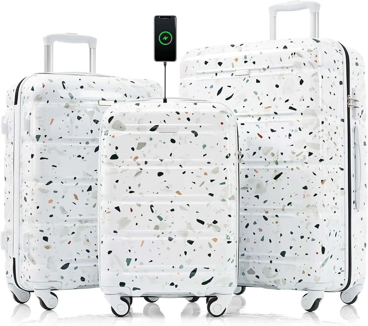 Durable 3-Piece Luggage Set with USB Port, Spinner Wheels, and ABS PC Hard Shell(White)