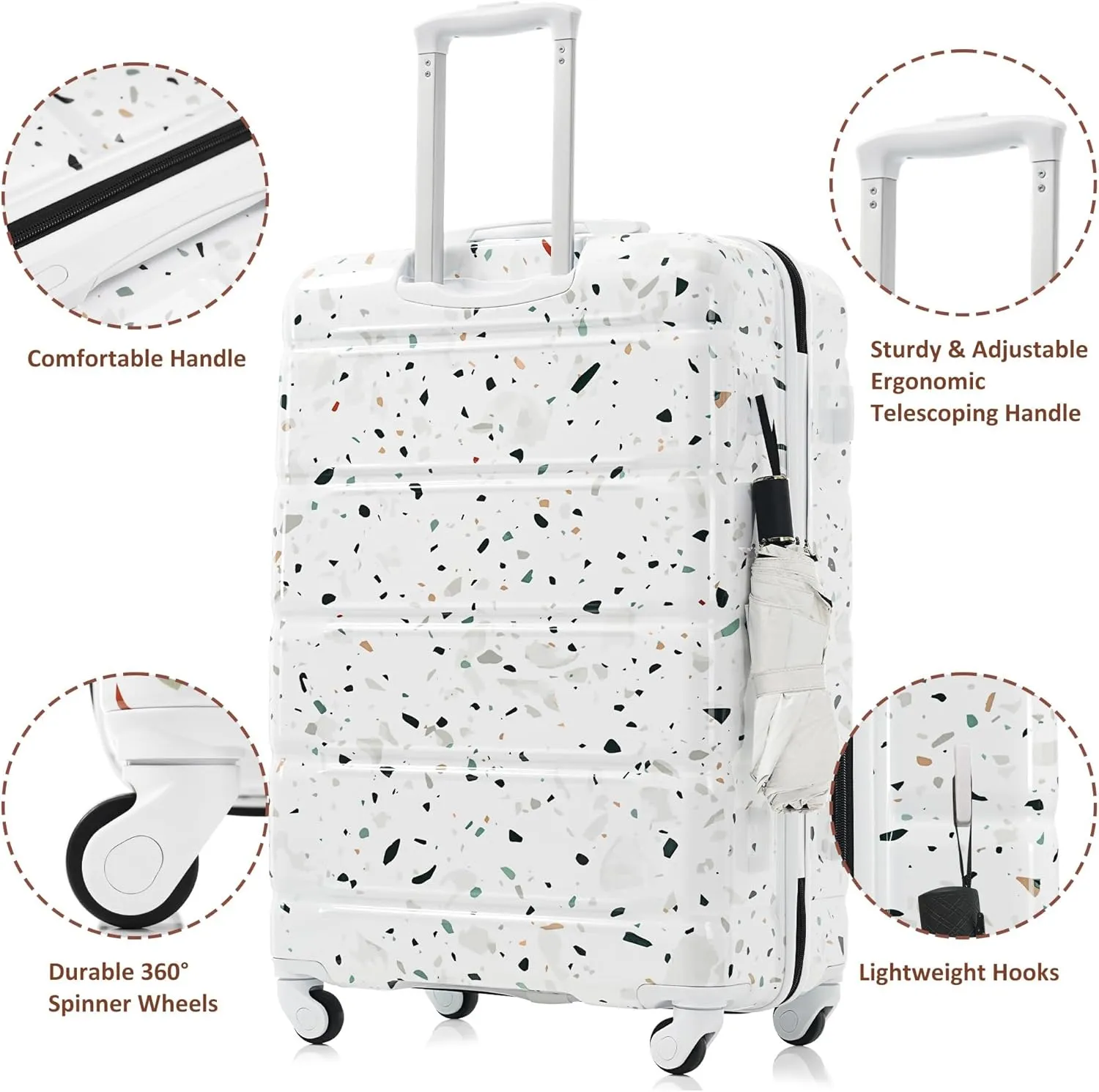 Durable 3-Piece Luggage Set with USB Port, Spinner Wheels, and ABS PC Hard Shell(White)