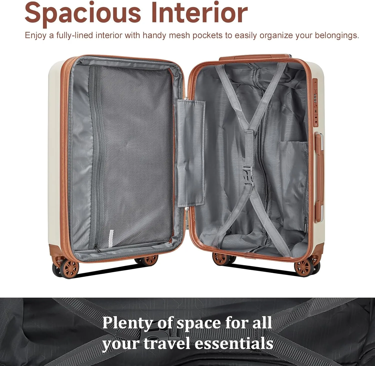 imiomo Luggage Sets 4 Piece Expandable Carry on Suitcase, Hardside with USB Port Cup Holder, Travel Spinner with Wheels TSA Lock, Beige Brown