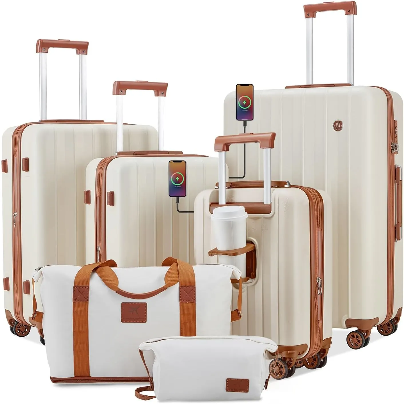 imiomo Luggage Sets 4 Piece Expandable Carry on Suitcase, Hardside with USB Port Cup Holder, Travel Spinner with Wheels TSA Lock, Beige Brown
