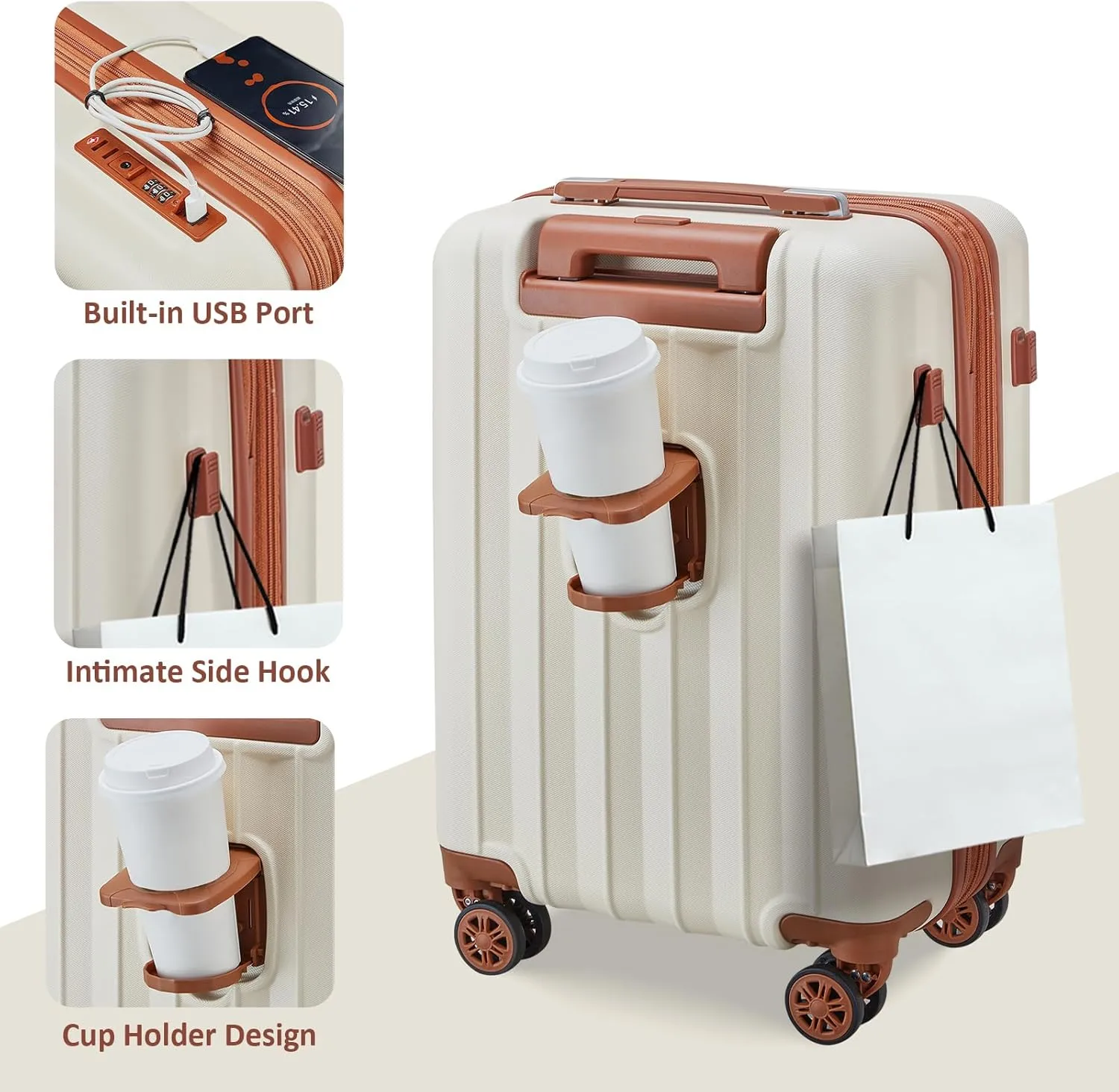 imiomo Luggage Sets 4 Piece Expandable Carry on Suitcase, Hardside with USB Port Cup Holder, Travel Spinner with Wheels TSA Lock, Beige Brown