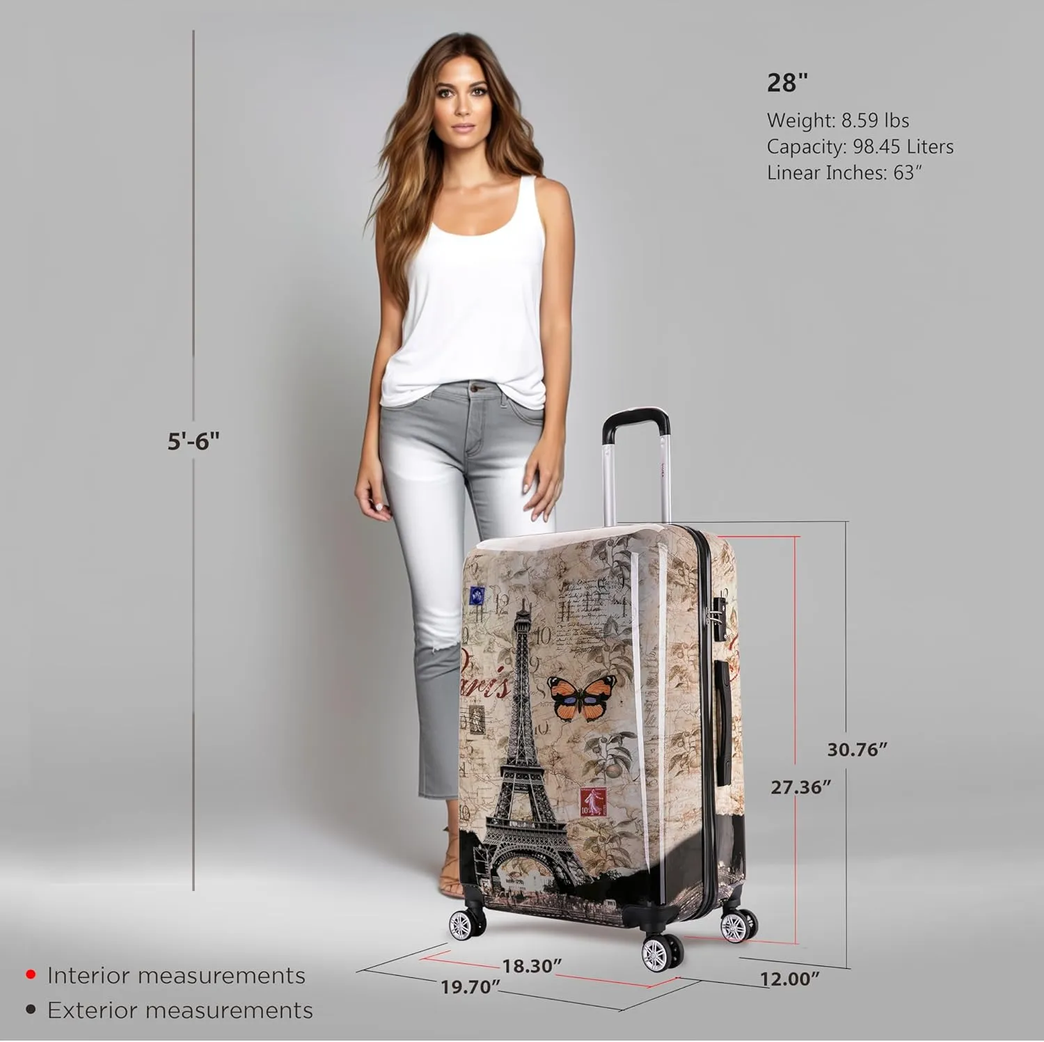 InUSA Paris Print Luggage with Spinner Wheels | Durable Lightweight Hardside Suitcase | Travel Bag with Handle and Trolley | 28-Inch Large Checked luggage