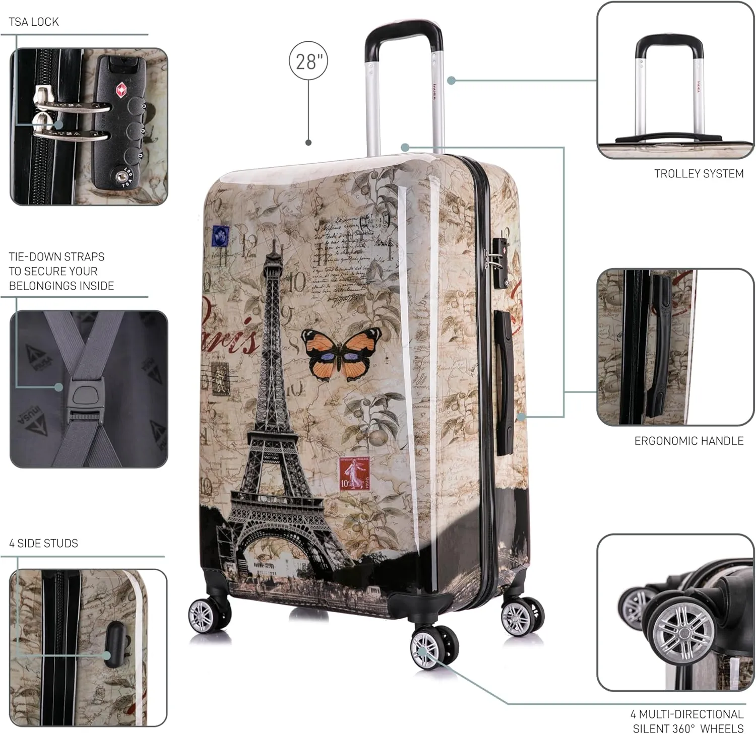 InUSA Paris Print Luggage with Spinner Wheels | Durable Lightweight Hardside Suitcase | Travel Bag with Handle and Trolley | 28-Inch Large Checked luggage