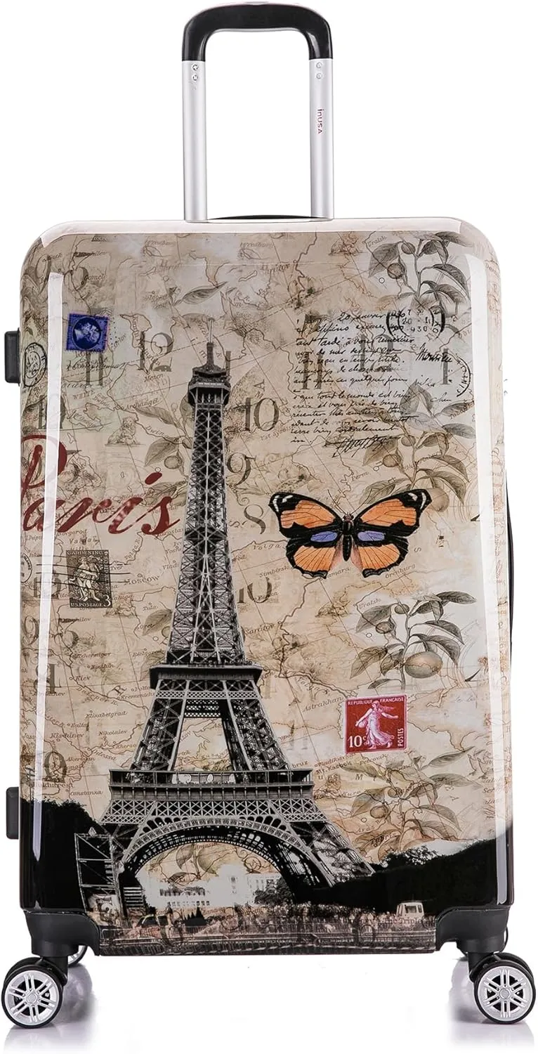 InUSA Paris Print Luggage with Spinner Wheels | Durable Lightweight Hardside Suitcase | Travel Bag with Handle and Trolley | 28-Inch Large Checked luggage