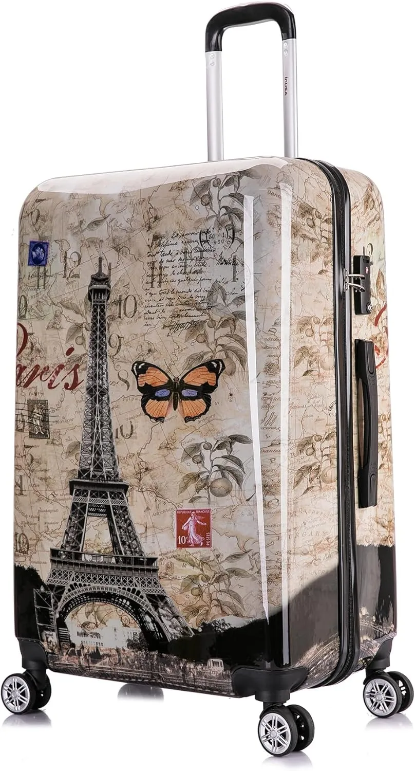 InUSA Paris Print Luggage with Spinner Wheels | Durable Lightweight Hardside Suitcase | Travel Bag with Handle and Trolley | 28-Inch Large Checked luggage