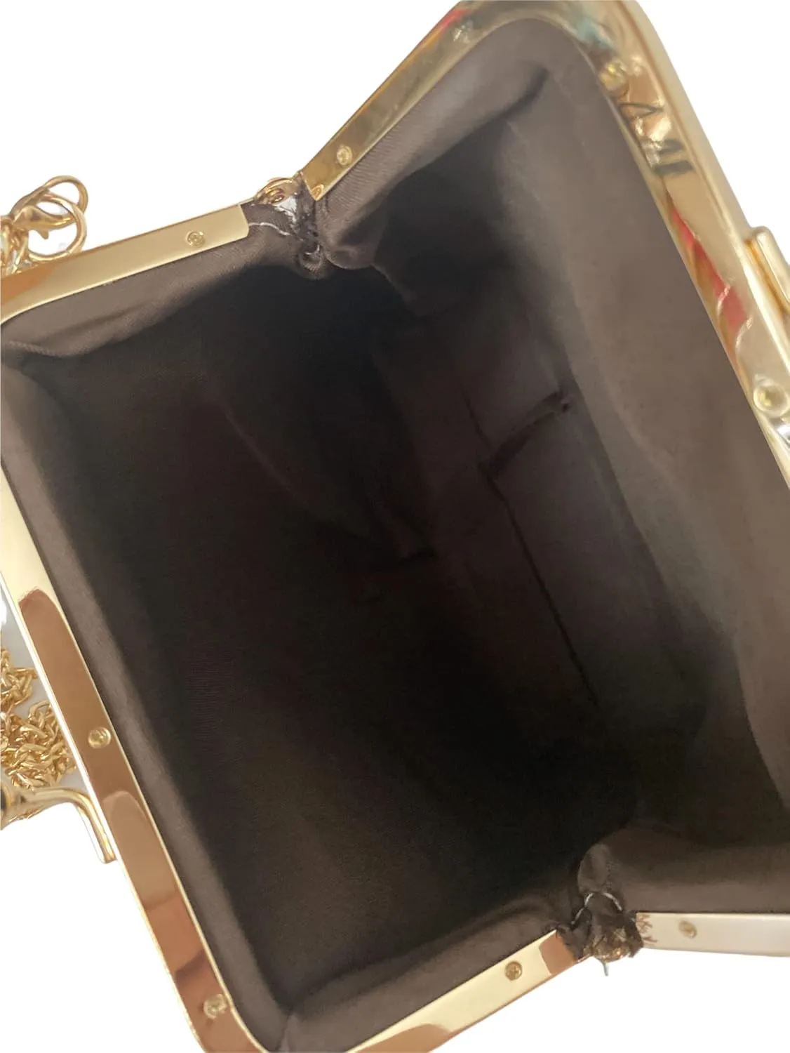 Kiss Lock Clutch Bag with Flat Bottom Long Chain/Short Pearl Straps Black