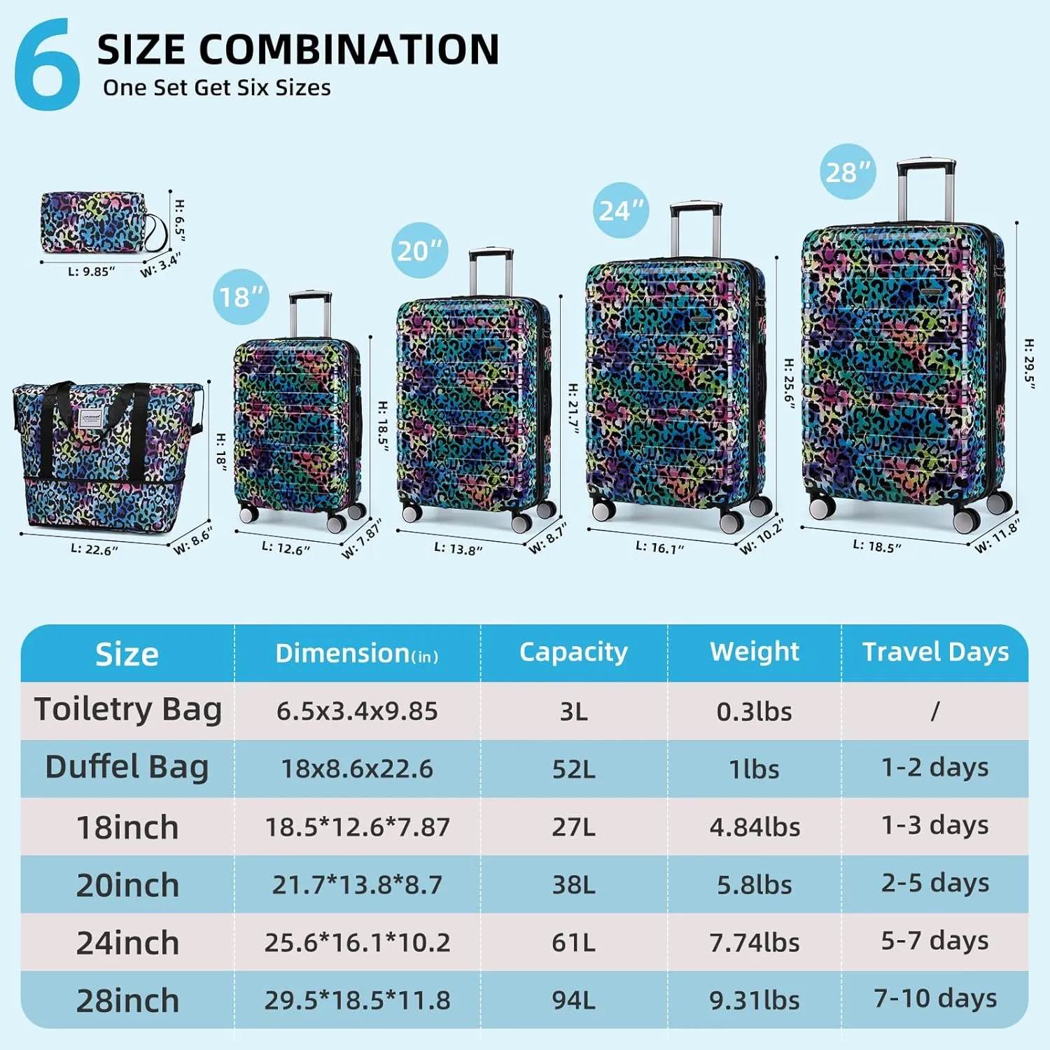 LARVENDER Luggage Sets 6 Piece, Expandable Luggage Hardside PC ABS Leopard Suitcase Sets with Spinner Wheels TSA Lock, Lightweight Rolling Suitcase for Men and Women, Leopard Multicolor