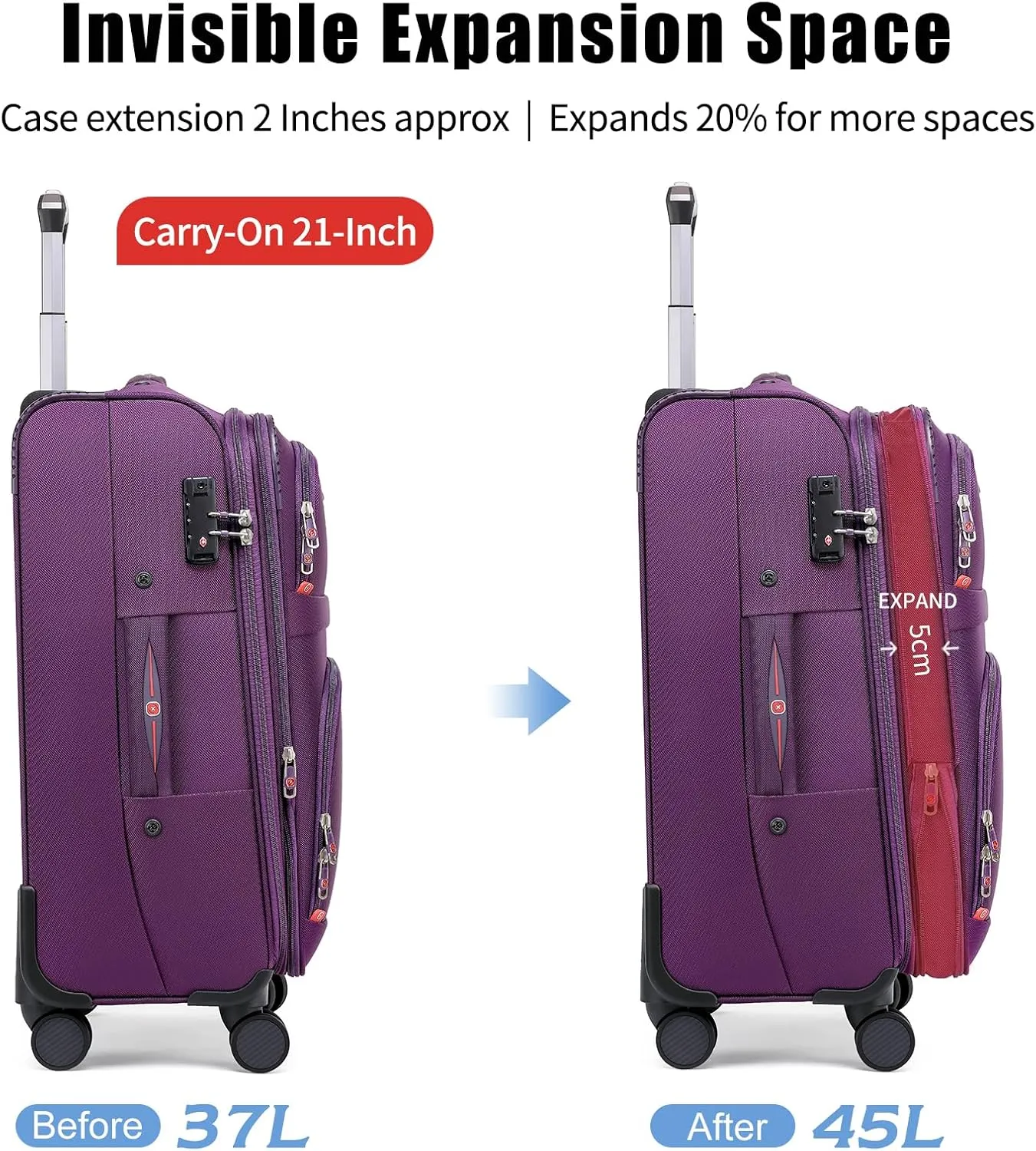 Softside Expandable Luggage with 4 Spinner Wheels, Durable Carry-On Luggage Suicase (Purple, 21-Inch)
