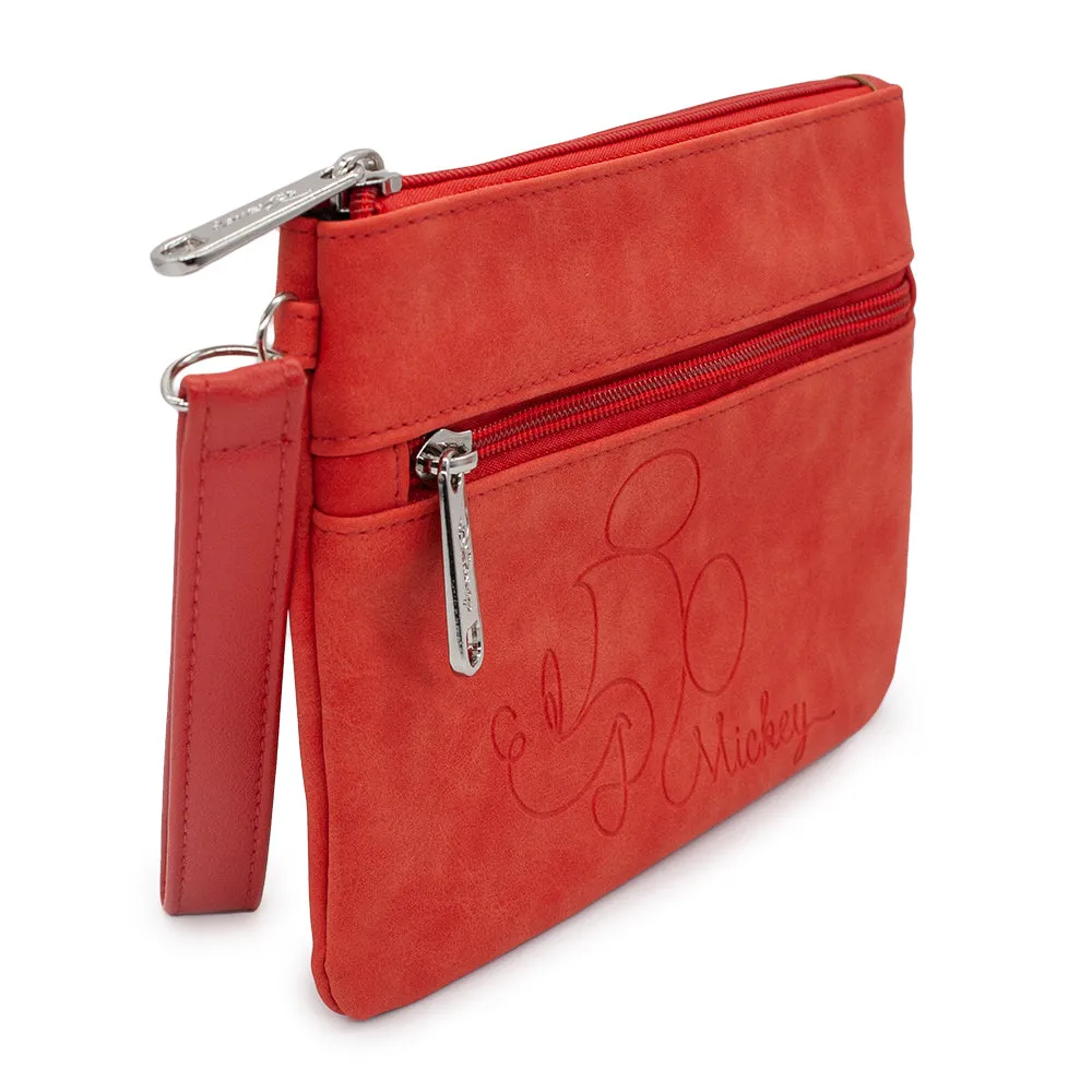 Women's Wallet Double Pocket Wristlet - Mickey Mouse Profile and Script Single Line Debossed Red