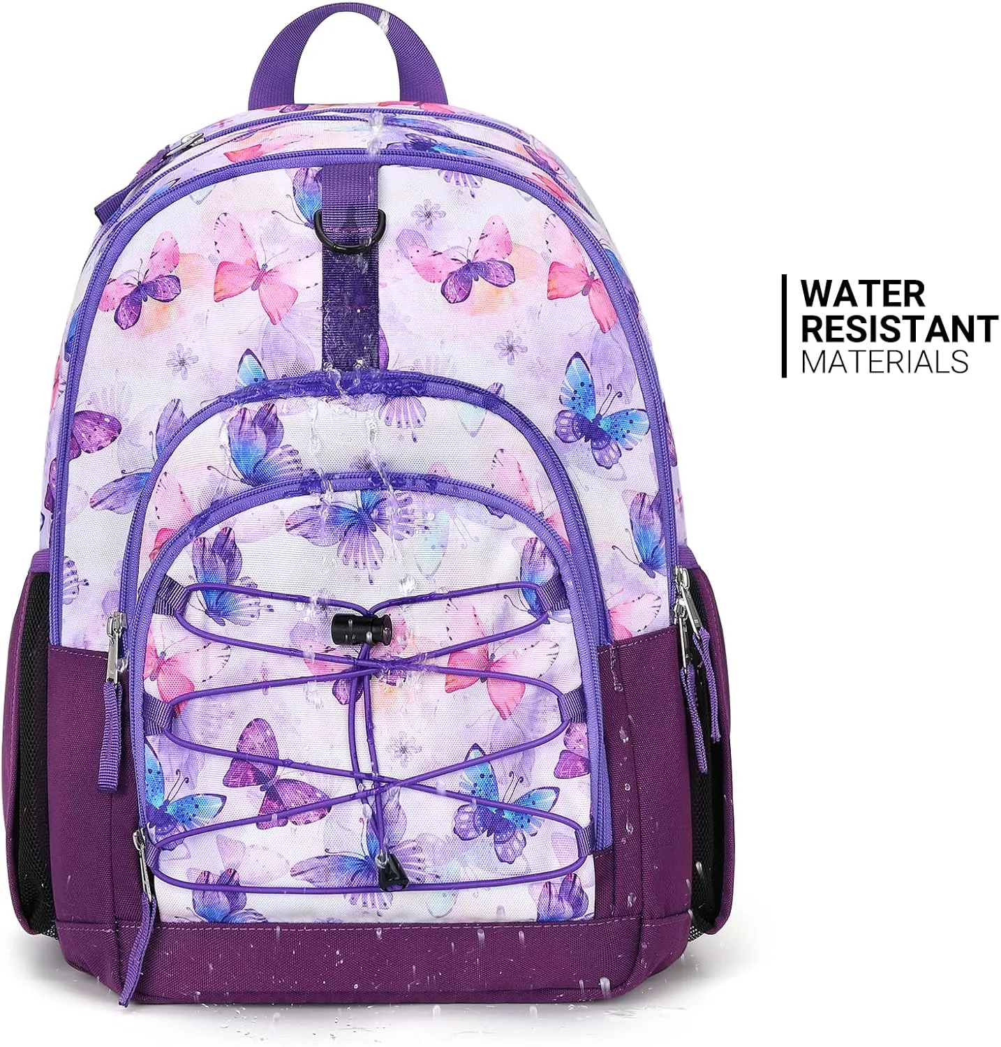ZORFIN Backpack for School, Travel: Bookbag for Girls Boys - Kids Backpack with Multi Compartments - Butterfly Purple